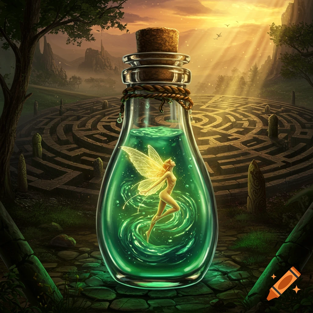 A glowing fairy floats inside a green potion bottle in a fantasy forest with a labyrinth background at sunset.