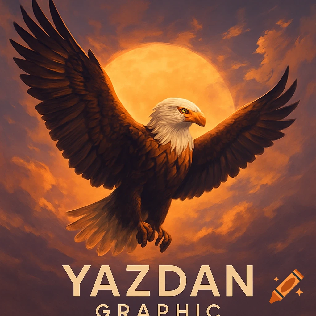 A majestic bald eagle soars with outstretched wings against a vibrant orange sky with a large sun, above the words YAZDAN GRAPHIC.