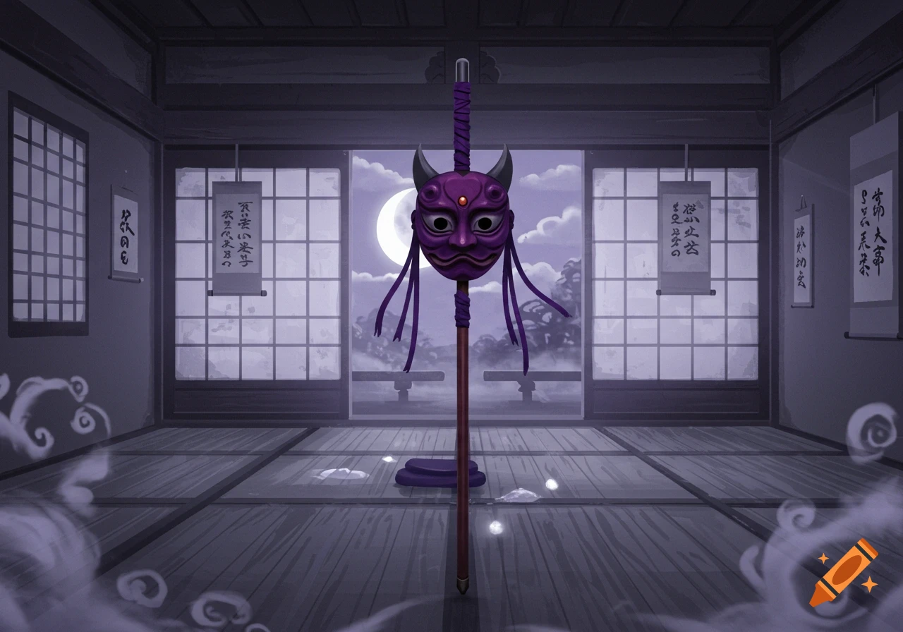 A purple demon-like mask on a staff stands in a Japanese room at night, with a full moon visible through shoji screens.