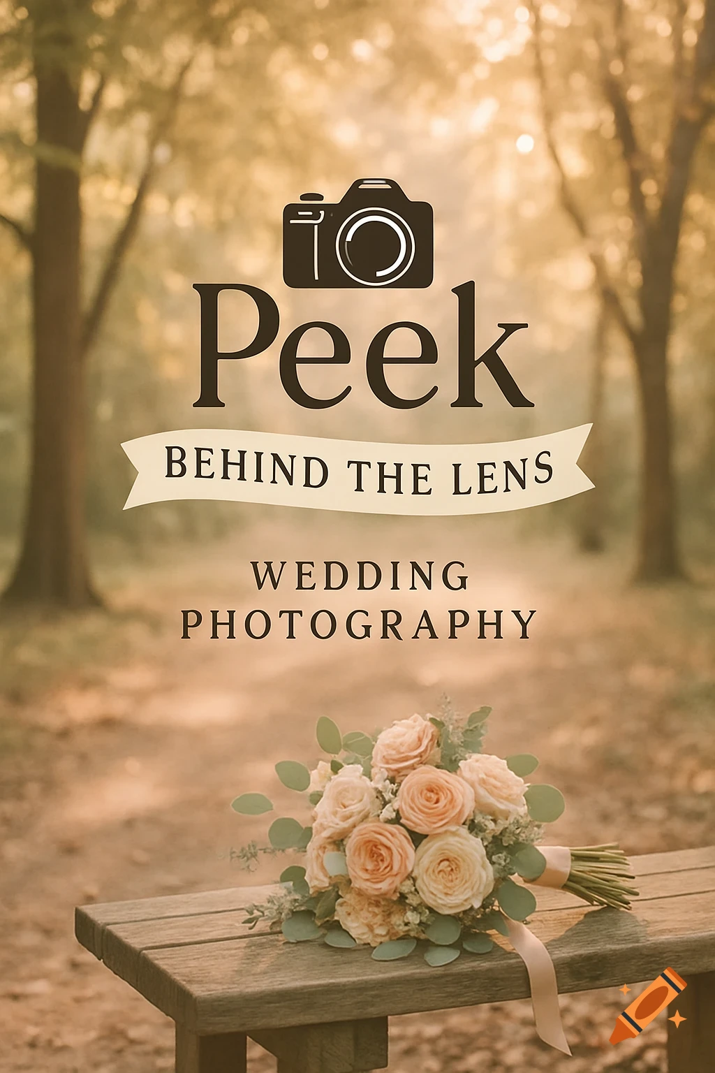 A wedding photography ad with 'Peek BEHIND THE LENS' and a camera logo over a blurred forest scene, with a flower bouquet on a wooden bench.