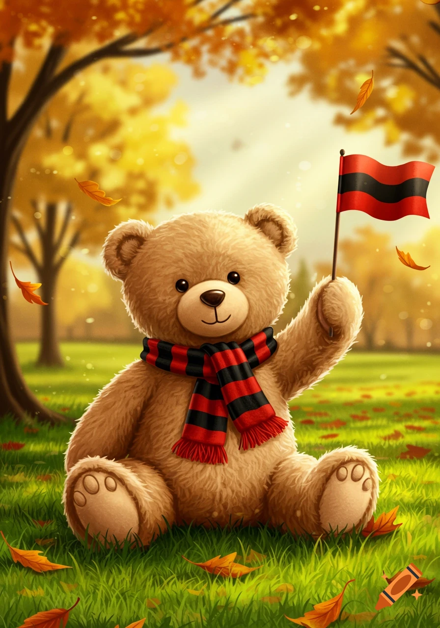 A cute teddy bear with a red and black striped scarf sits in an autumn field, holding a small red and black flag.