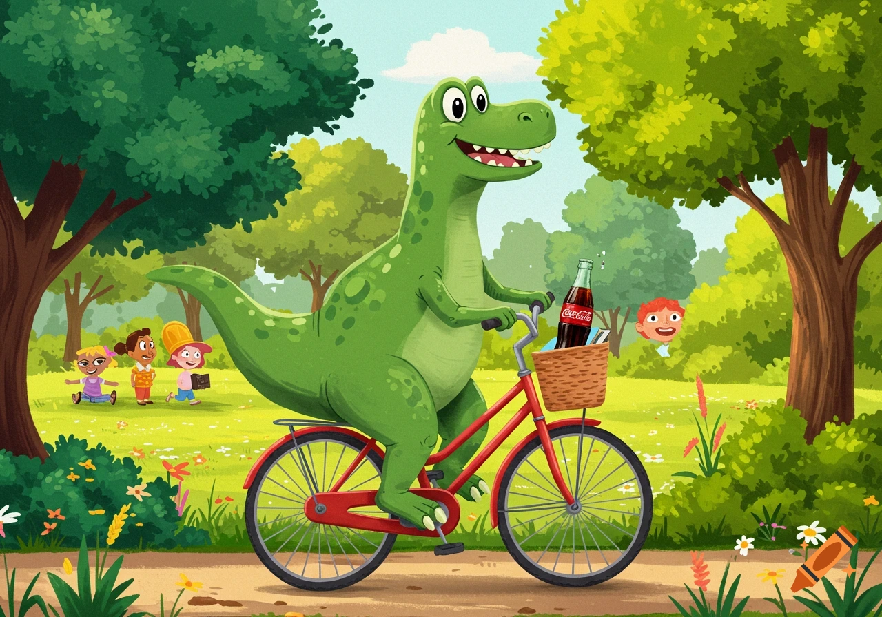 A happy green cartoon dinosaur rides a red bicycle with a Coke bottle in the basket through a sunny park with children.