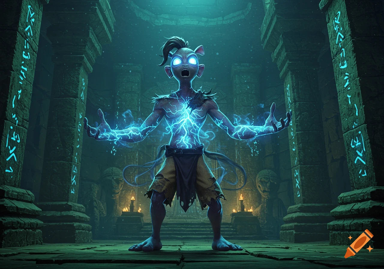 Abe from Oddworld transforms, emanating blue lightning in an ancient, ruined temple with glowing glyphs.