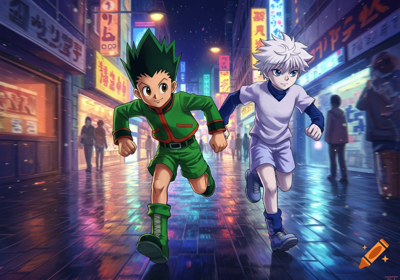 Two young anime boys, Gon and Killua, run down a vibrant, neon-lit city street at night, with blurred figures and storefronts.