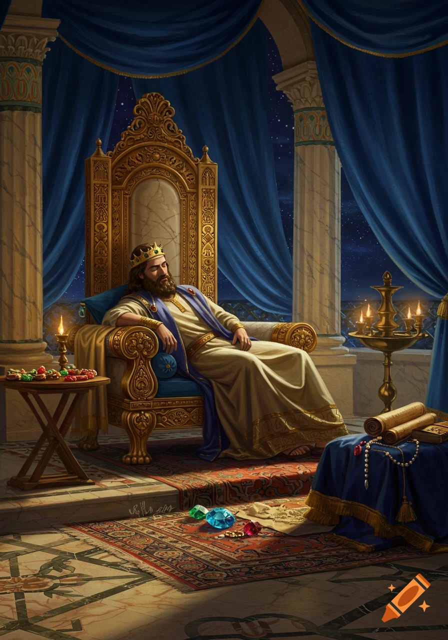 A sleeping king on a golden throne in a lavish room with blue drapes, scattered jewels, and candlelight.