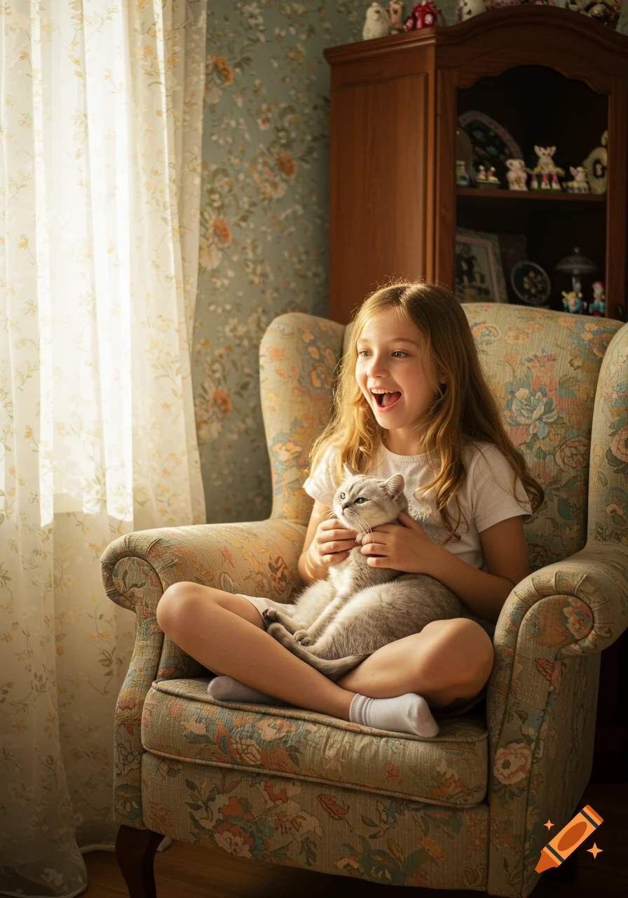 A happy young girl sits in a floral armchair, gently holding a grey cat, bathed in warm sunlight from a window.