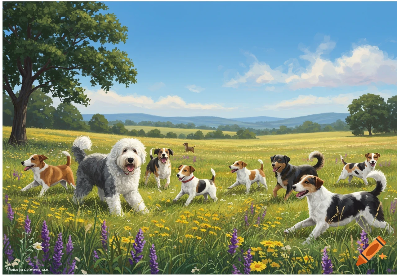 Illustrated painting of many happy dogs running and playing in a sunny meadow filled with green grass and colorful wildflowers.
