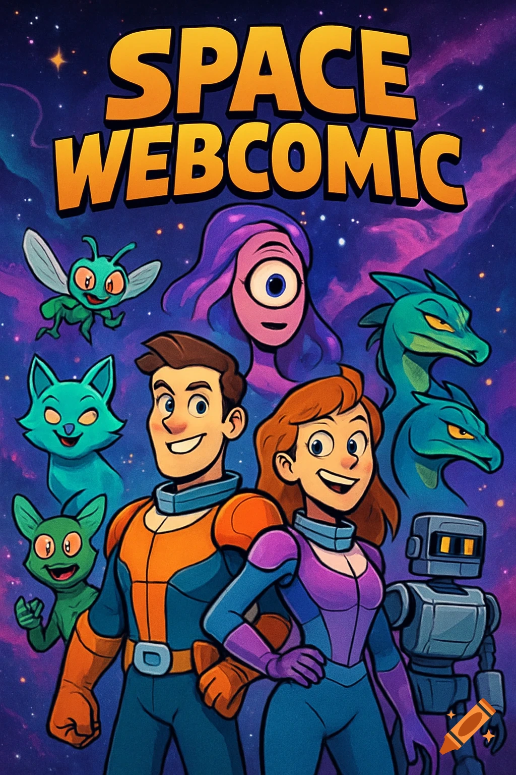 Vibrant cartoon poster for 'SPACE WEBCOMIC' featuring two human astronauts, various aliens, and a robot in a cosmic setting.
