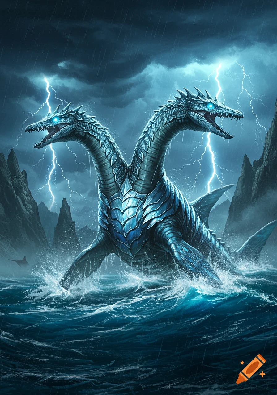 A huge light blue armored two-headed mosasaurus emerges from a stormy ocean with lightning striking in the background.