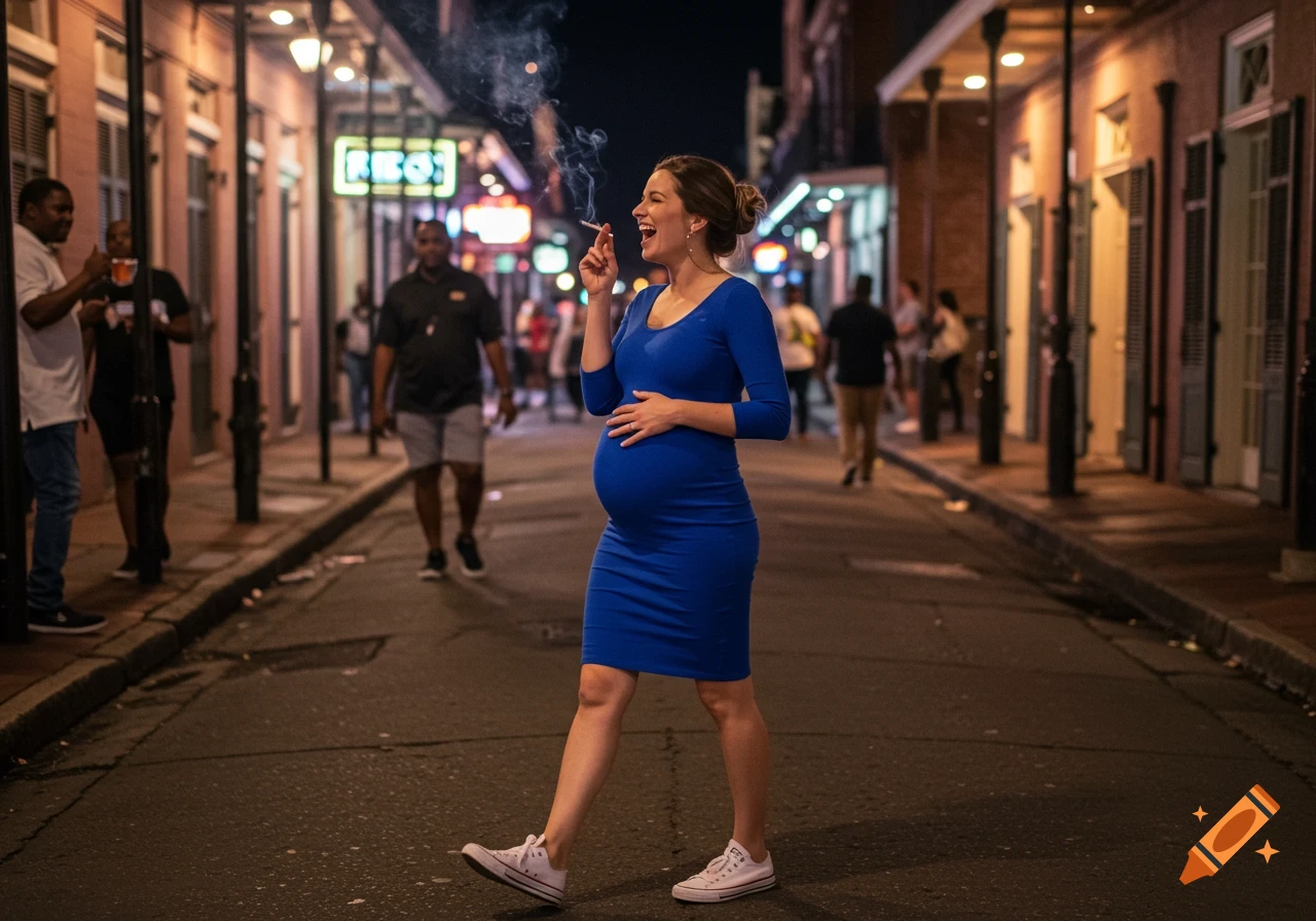 A smiling pregnant woman in a blue dress and white sneakers smokes a cigarette while walking down a lively city street at night.