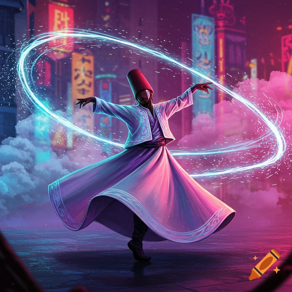 A person in a flowing white and purple dress with a tall red hat performs a whirling dance, surrounded by neon blue light trails in a vibrant, futuristic cityscape.