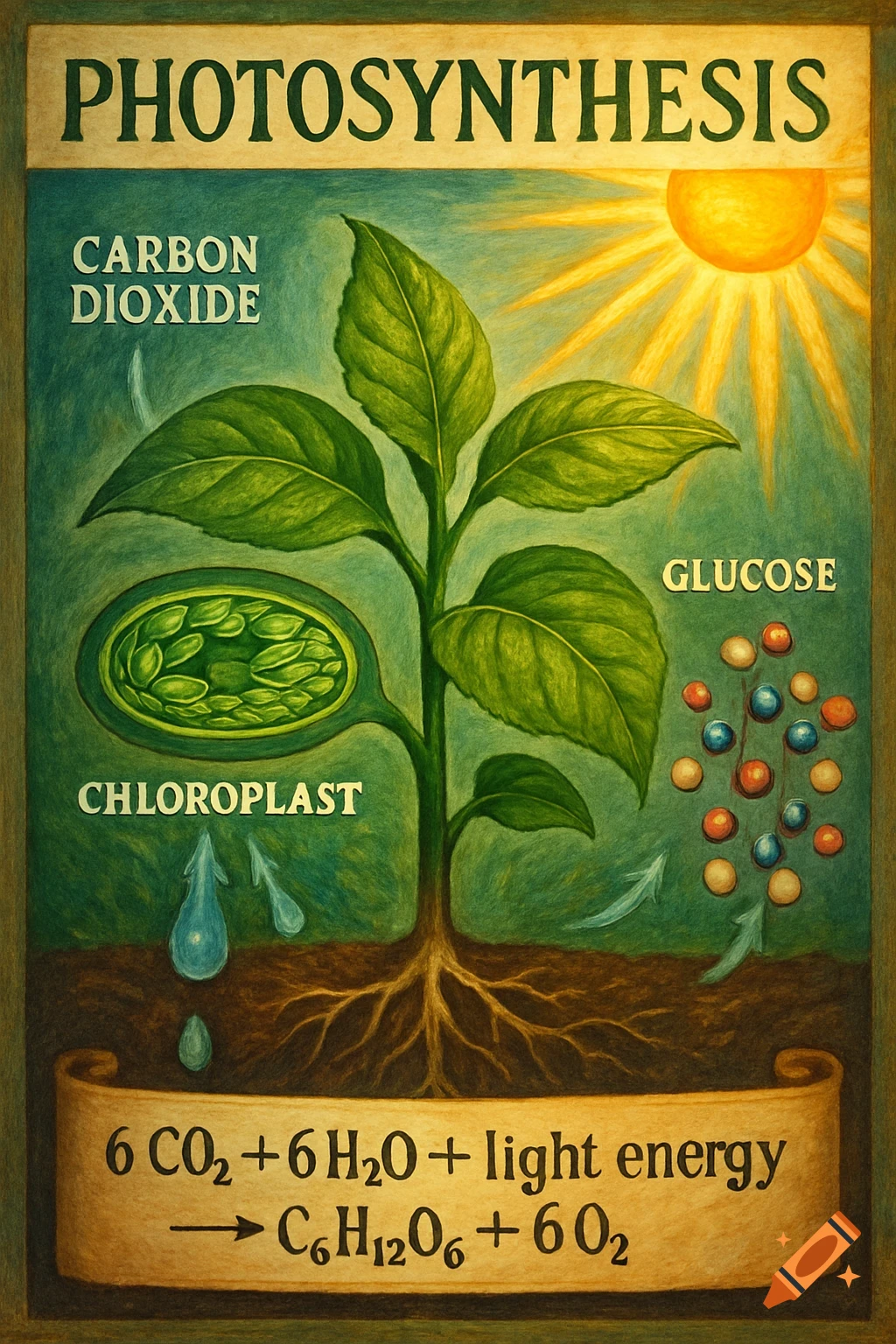 Detailed illustration of a photosynthesis diagram with a plant, sunlight, labels for elements, and the chemical equation.