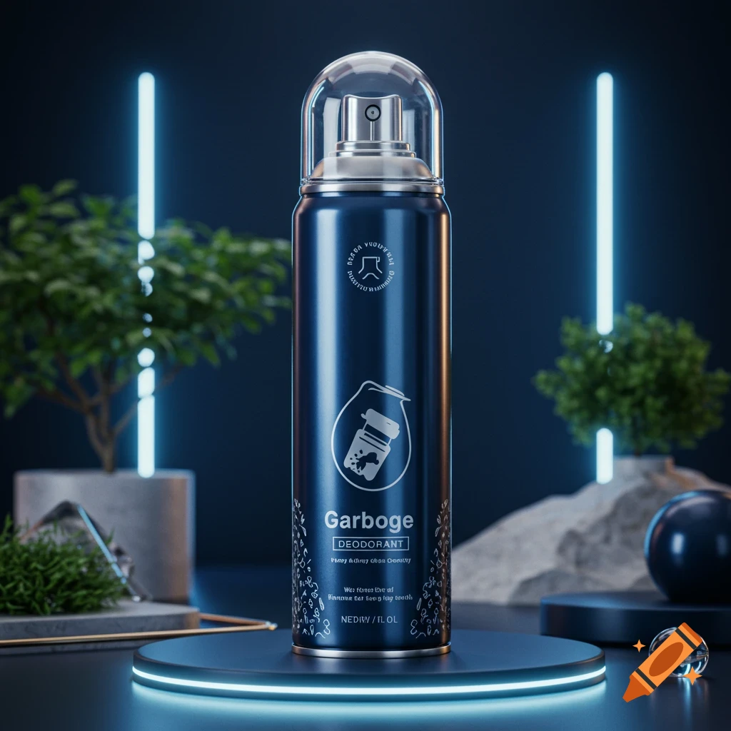 A photorealistic dark blue deodorant spray can with 'Garboge DEODORANT' on its label, on a dark stage with neon lights.