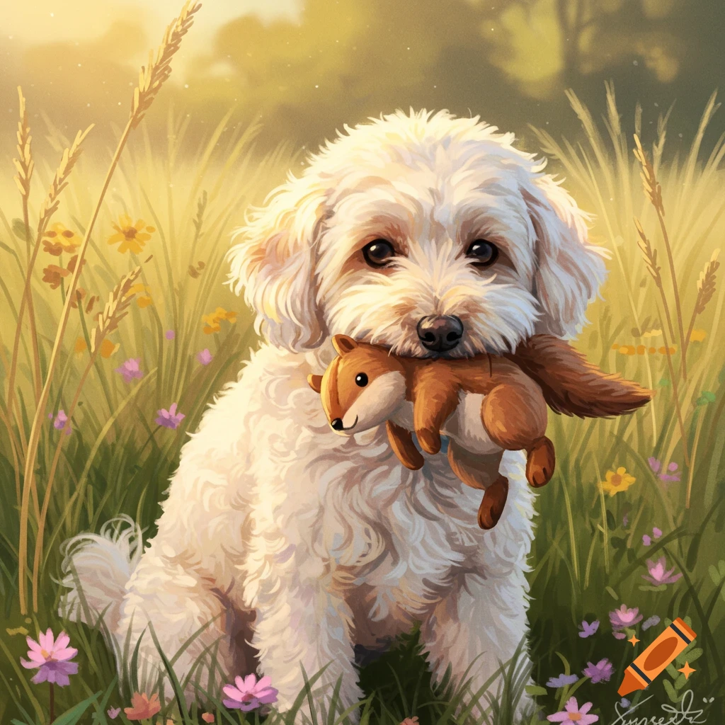 A fluffy white cockapoo dog sits in a sunny grassy field with purple and yellow flowers, holding a brown squirrel plush toy in its mouth. Detailed illustration.