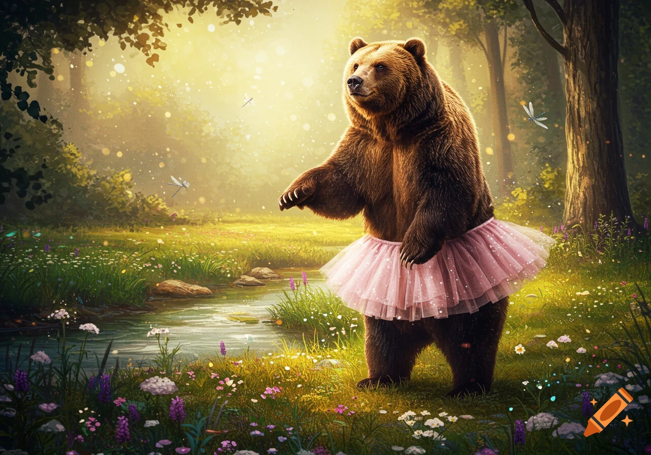A brown bear in a pink tutu stands in a whimsical, sparkling forest by a stream with dragonflies.