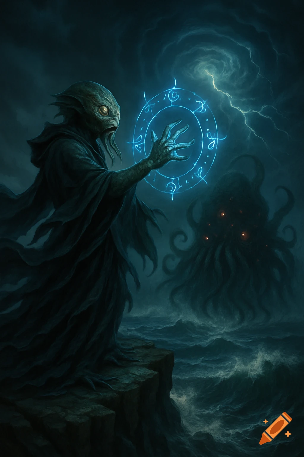 A dark, atmospheric painting depicts a cloaked, fish-like 'deep one' priest casting a blue glowing spell circle, summoning a colossal, tentacled creature from a stormy, churning sea under a lightning-filled sky.