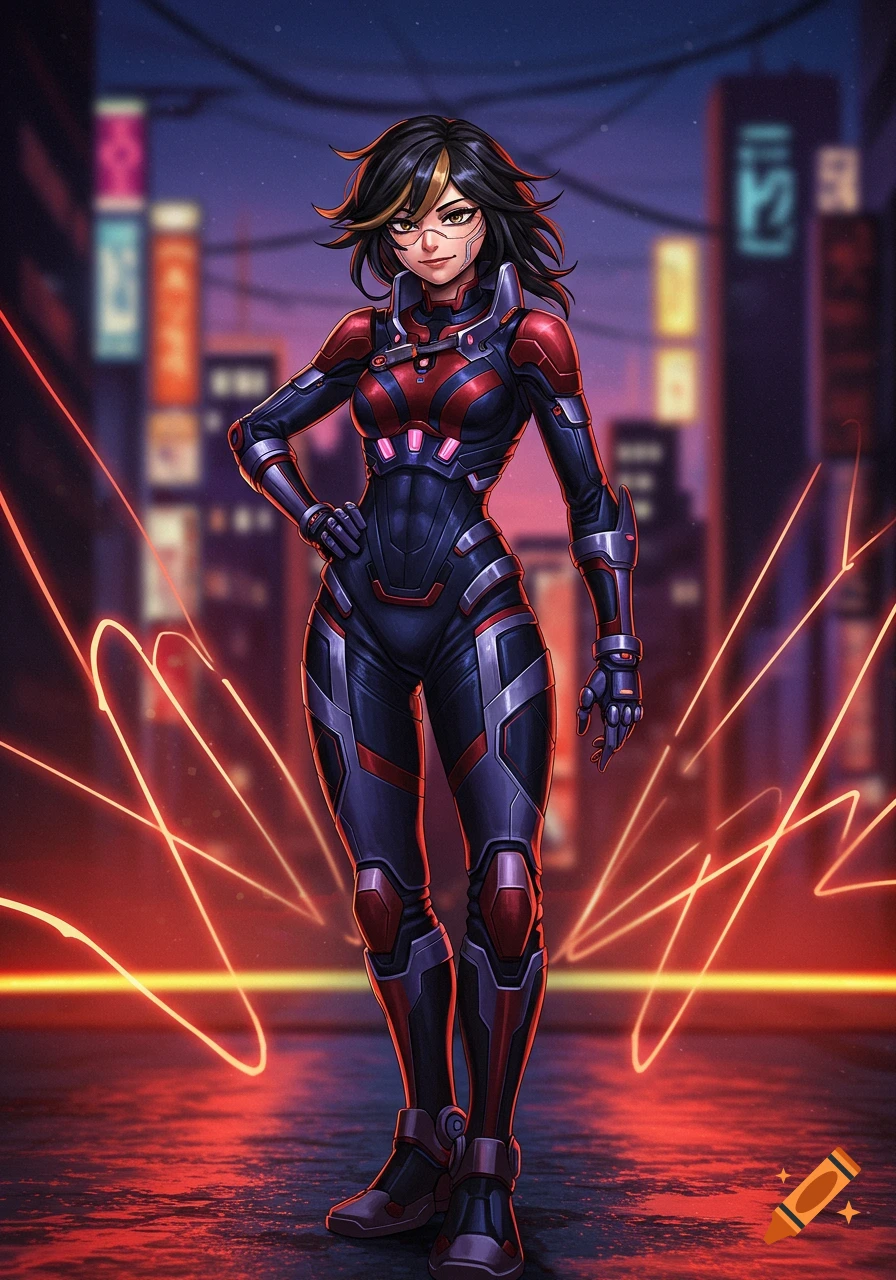 Anime character in a black and red armored suit stands in a neon-lit cyberpunk city at night with red light trails.