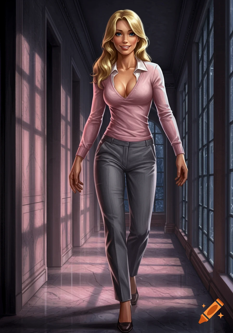 A smiling blonde woman in a pink v-neck sweater and grey slacks walks through a dark-lit hallway. Realistic illustration.