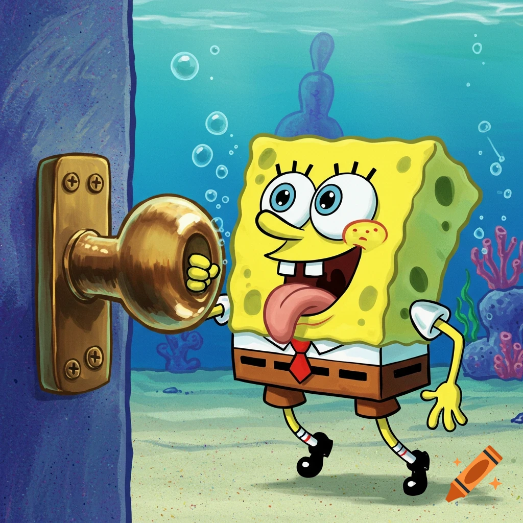 Spongebob Squarepants with a wide smile and tongue out, licking a golden doorknob on a blue door underwater.