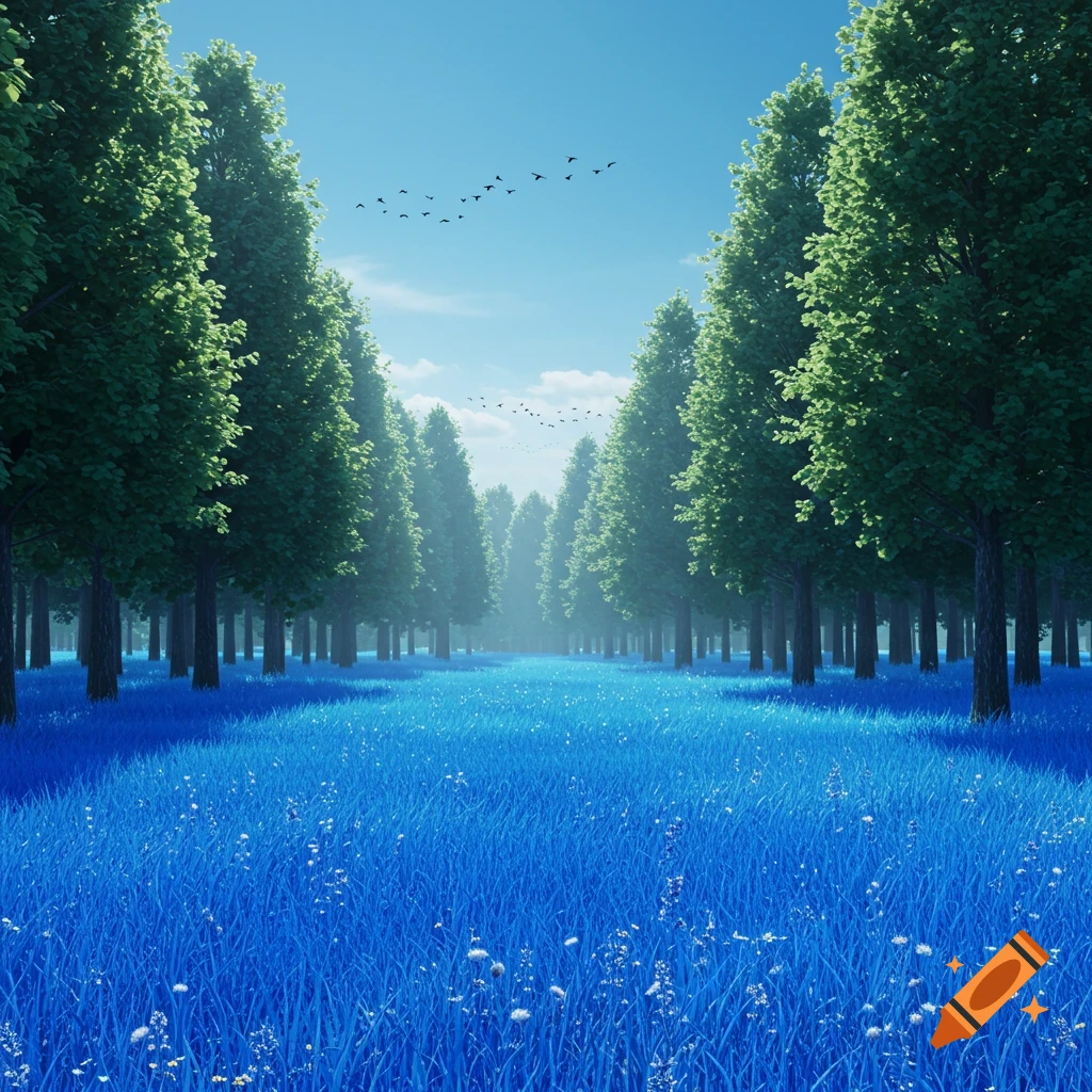 A serene landscape with a pathway through a forest, featuring vibrant blue grass, tall green trees, and birds soaring in a clear blue sky.