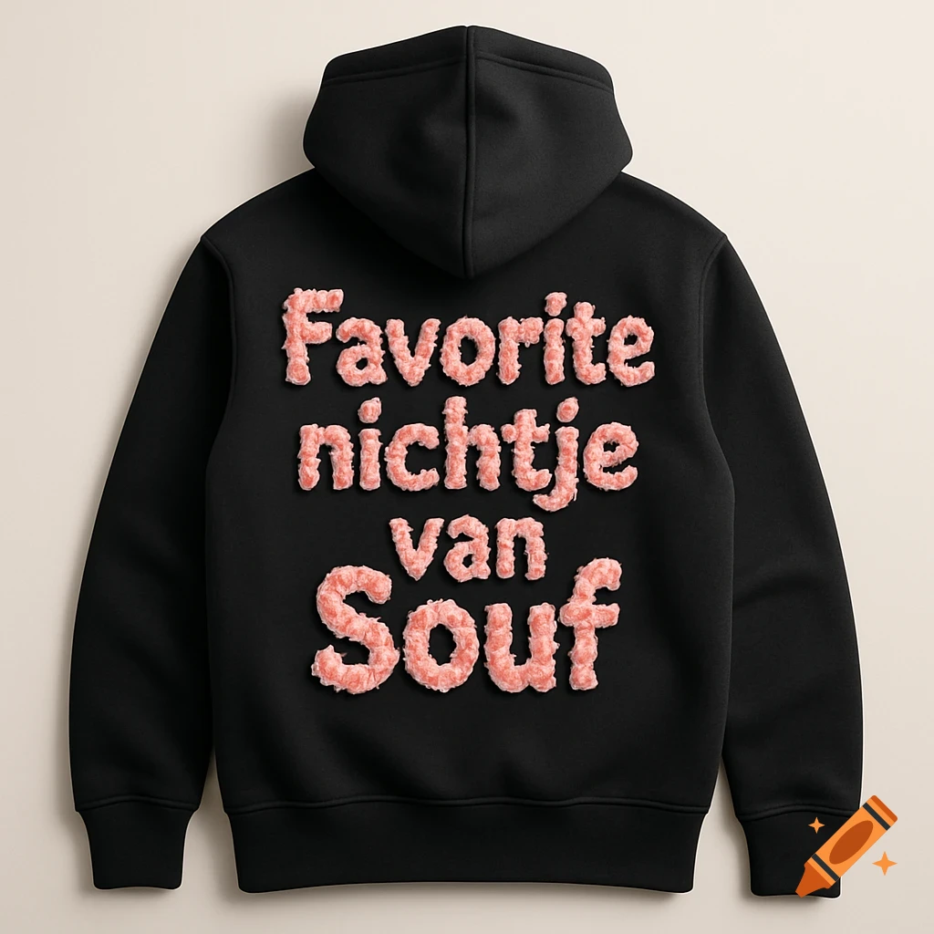 Back of a black hoodie with the text "Favorite nichtje van Souf" made from playful pink roses.