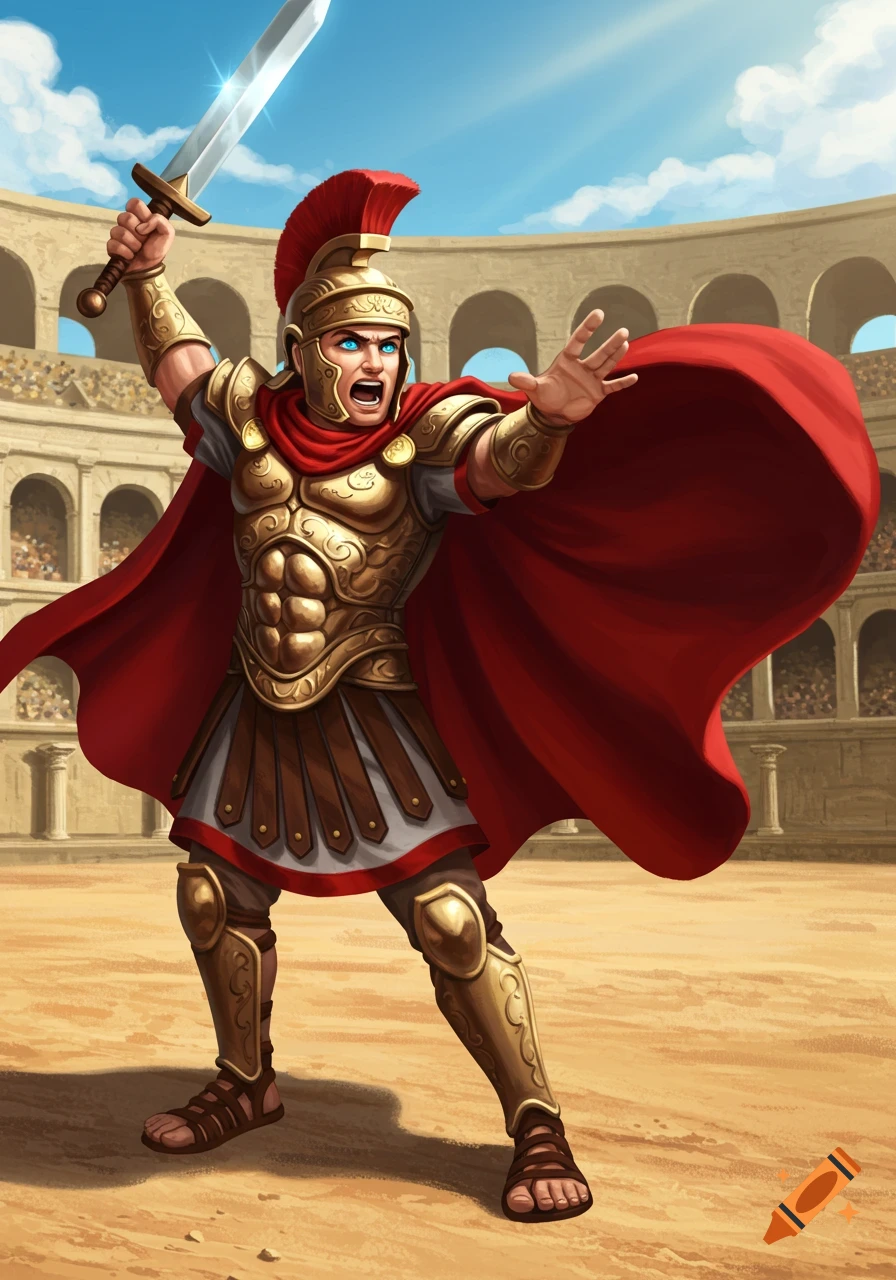 A cartoon centurion in gold armor and a red cape yells, holding a sword high, in a sandy arena.
