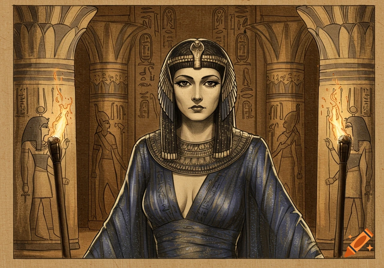 An illustration of an Egyptian princess wearing a dark blue dress and an ornate golden headdress, standing in an ancient temple with hieroglyph-covered columns and burning torches.