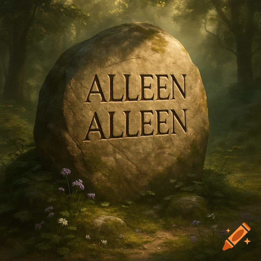 A large, mossy stone with "ALLEEN ALLEEN" carved into it sits on a forest floor, bathed in dappled sunlight.