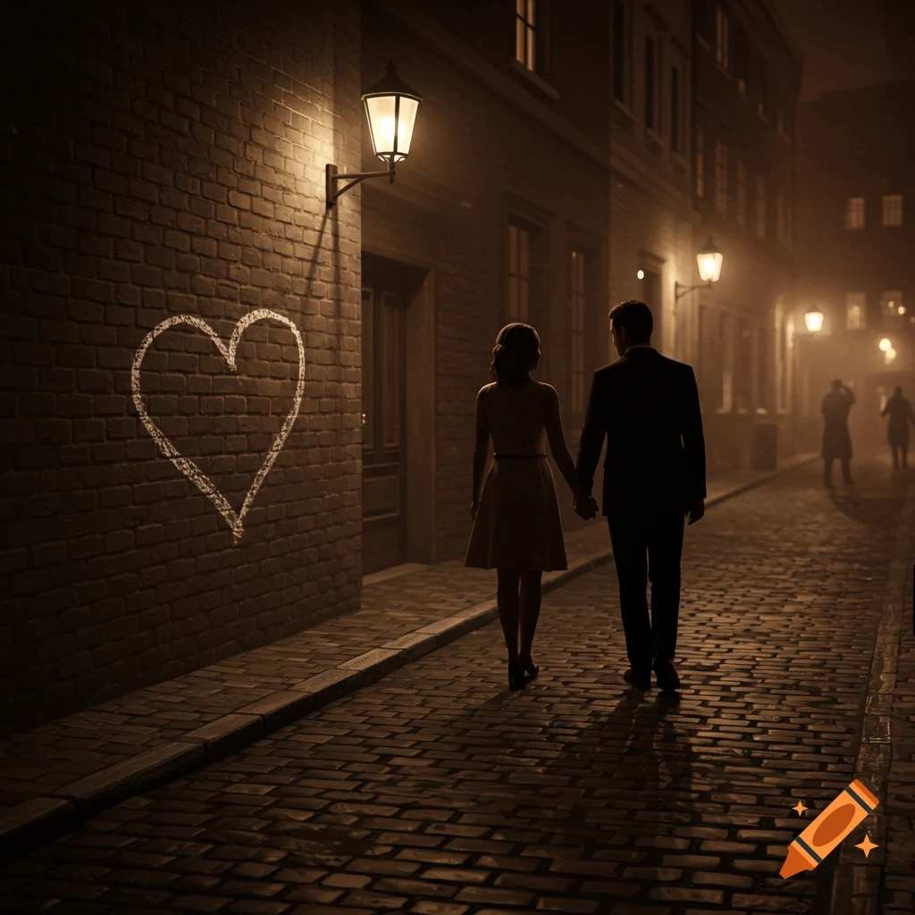 A couple holding hands walks down a dark, misty cobblestone street at night, past a brick wall with a glowing chalk heart.