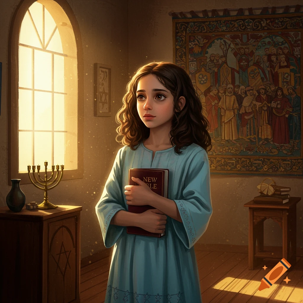 A young girl with curly brown hair holds a book, standing in a sunlit room with religious decorations.