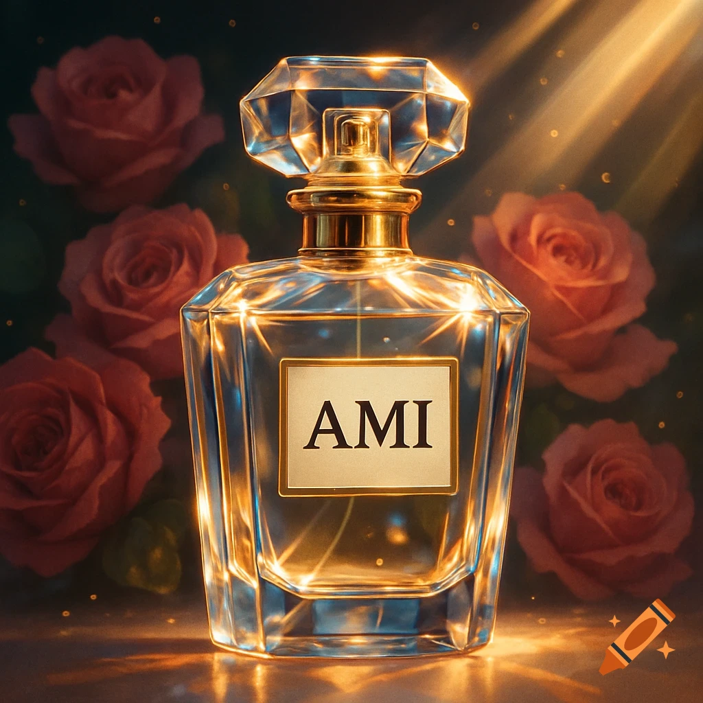 Glamorous perfume bottle labeled 'AMI' with sparkling light, surrounded by red roses, in a cinematic advertisement style.
