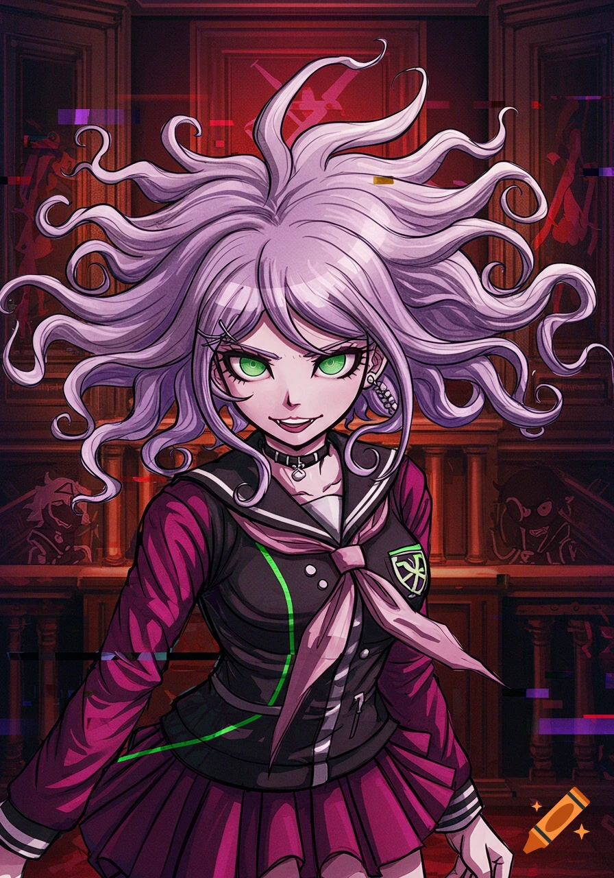 Danganronpa anime girl with voluminous light purple hair, green eyes, and a menacing smile, wearing a dark school uniform against a glitchy, ominous background.