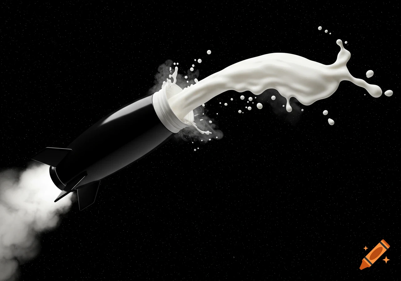A black rocket ship with fins blasts off into a starry dark space, with a stream of white liquid squirting from its nose cone.