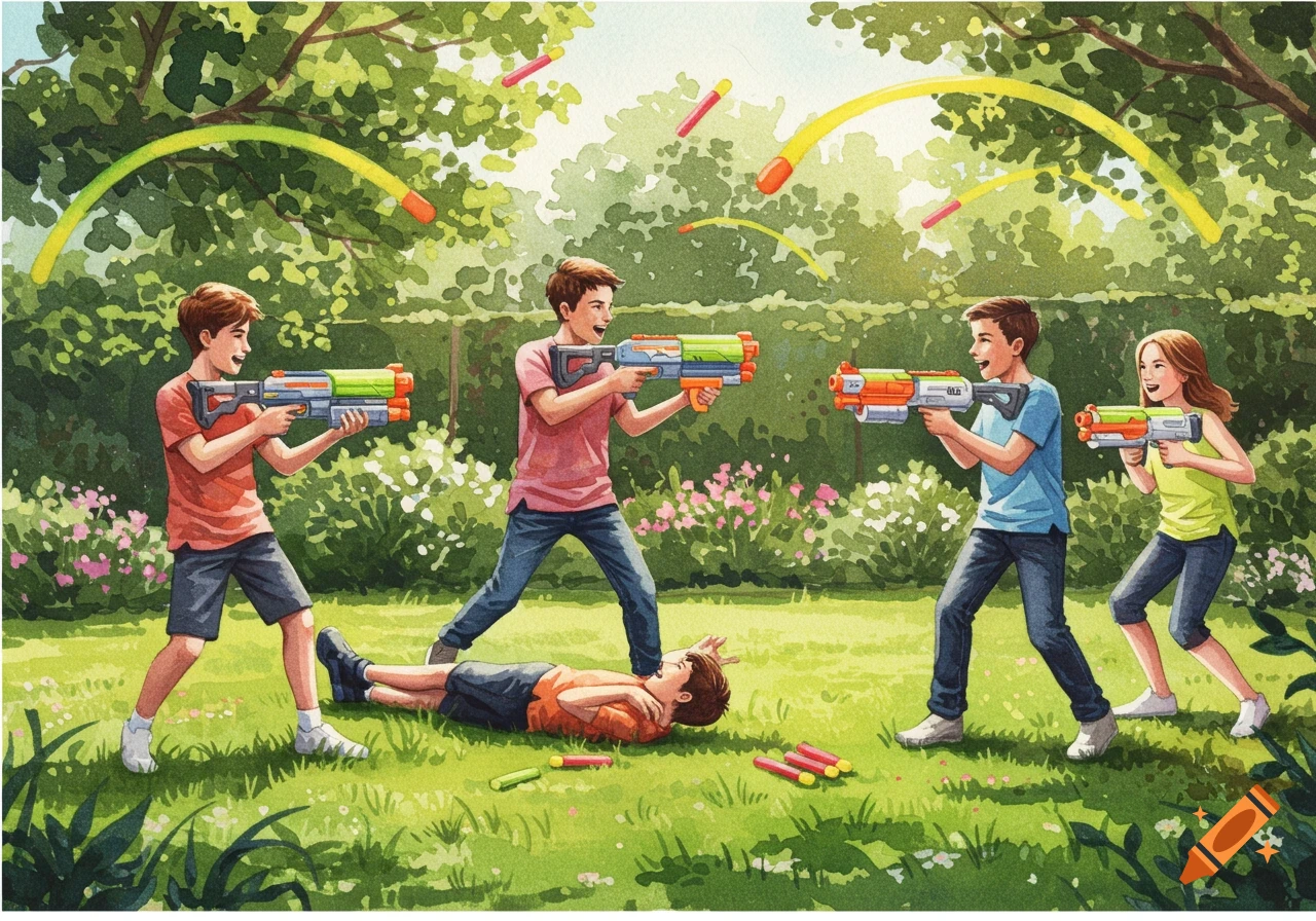 Five children play with toy guns in a sunny garden, painted in a vibrant watercolor style.