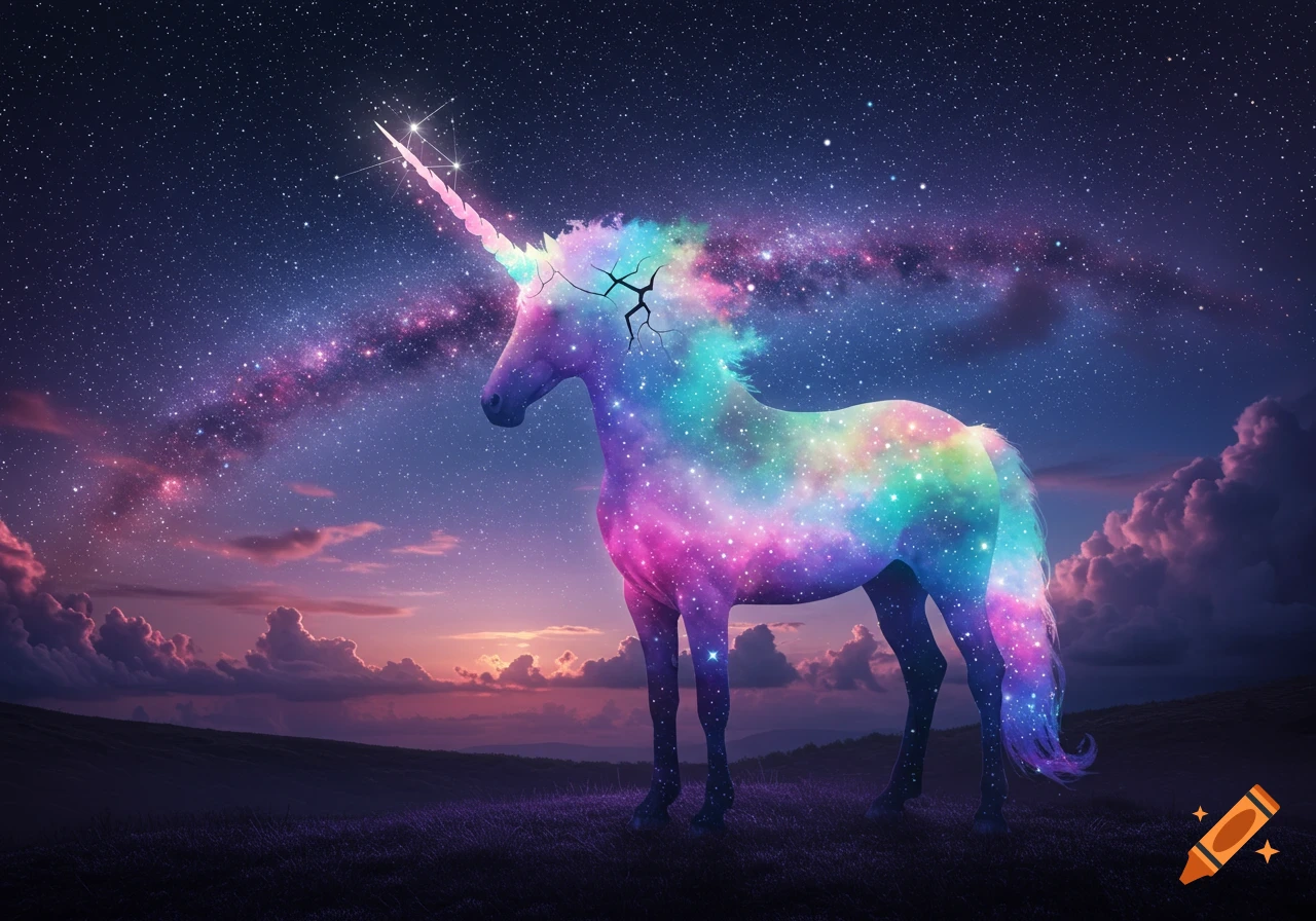 A majestic unicorn, depicted as a rainbow galaxy with a cracked, glowing horn, stands in a dark field under a vibrant starry night sky.