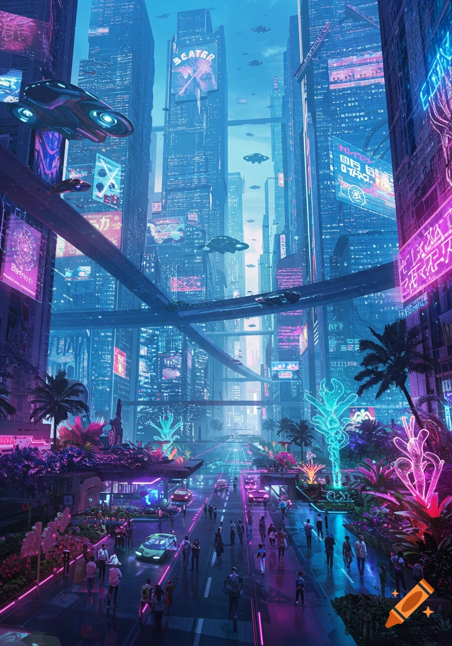 A vibrant, neon-lit futuristic city street scene at night with flying vehicles, towering skyscrapers, pedestrians, and glowing flora.
