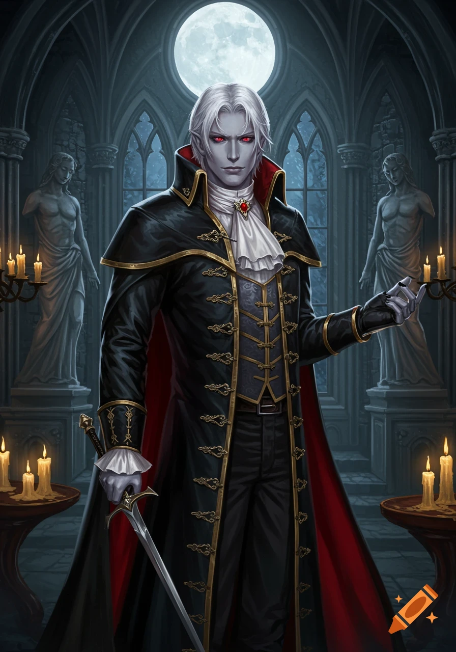 A handsome vampire lord with white hair and red eyes in a black and red gothic coat stands in a moonlit castle, holding a sword.
