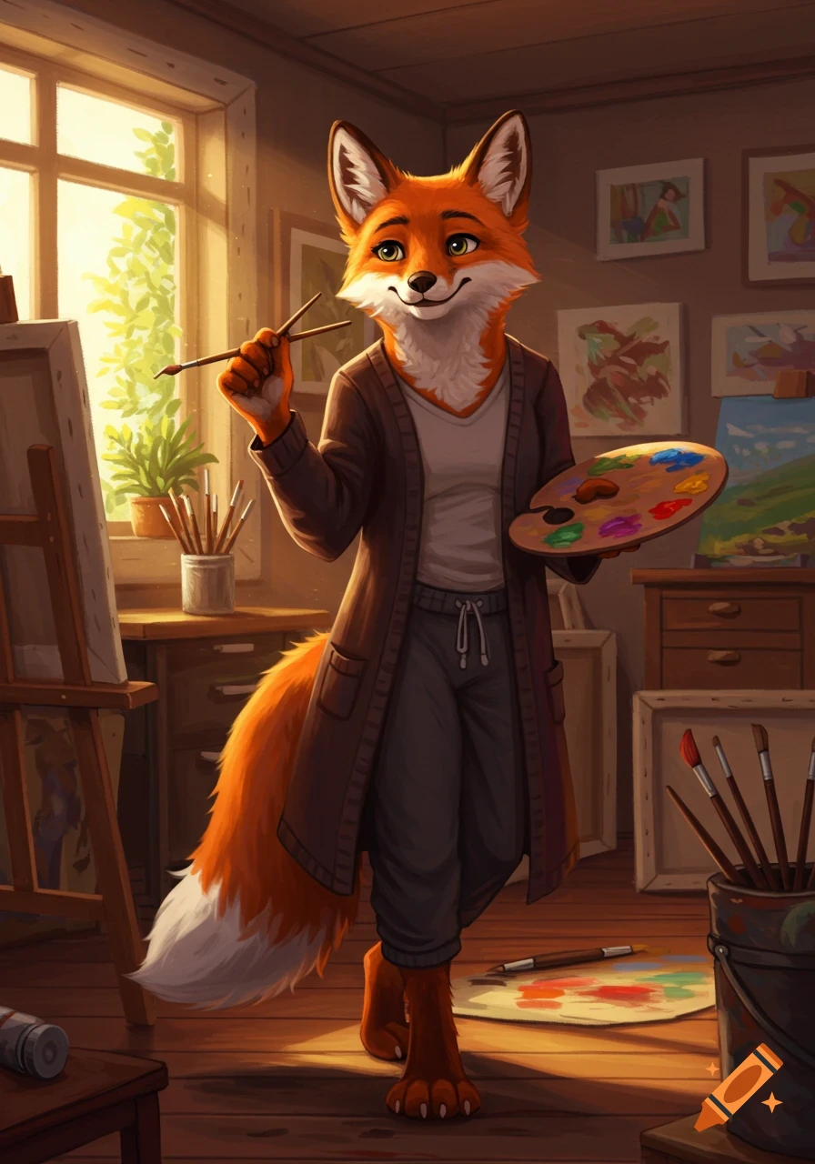 A smiling anthropomorphic fox artist holding a paint palette and brush in a sunlit art studio, digital art style.