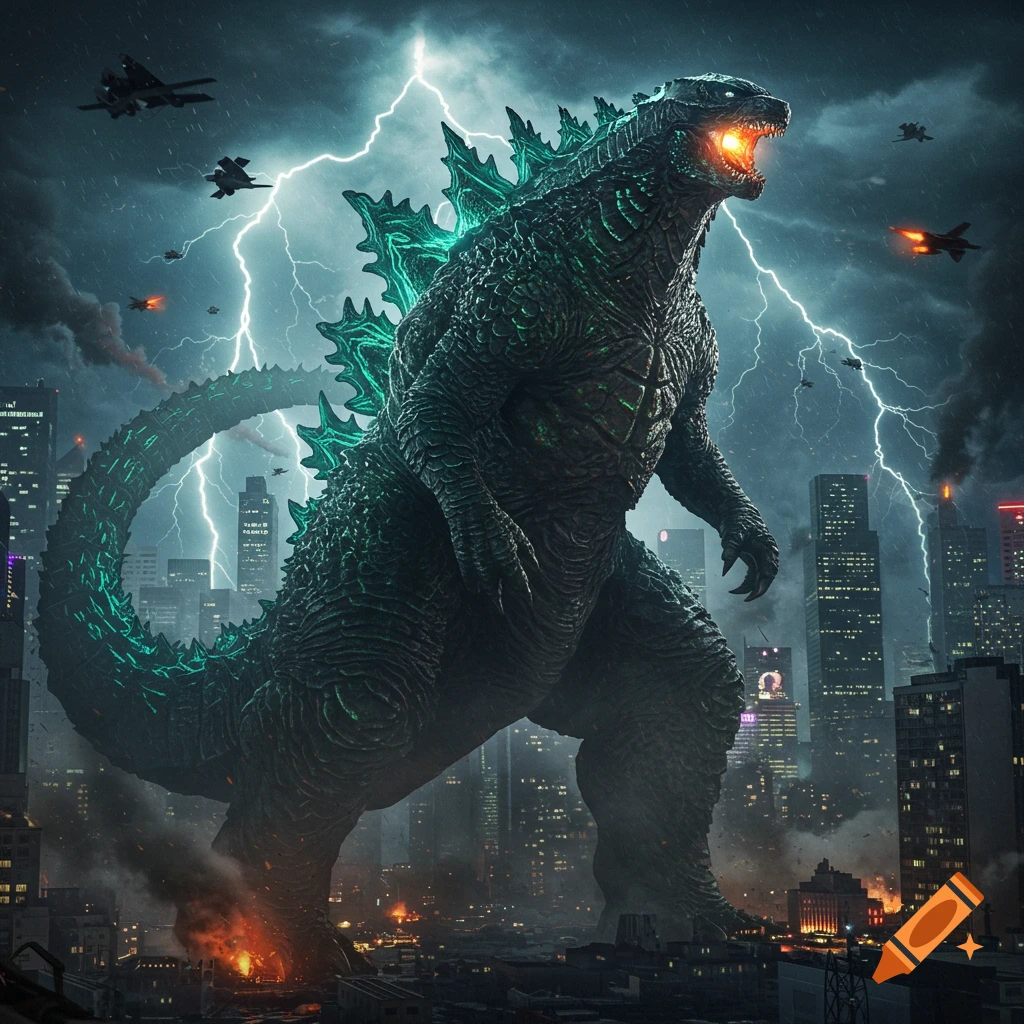 Godzilla roars amidst a lightning storm, towering over a city under attack by military jets, with fire and smoke below.