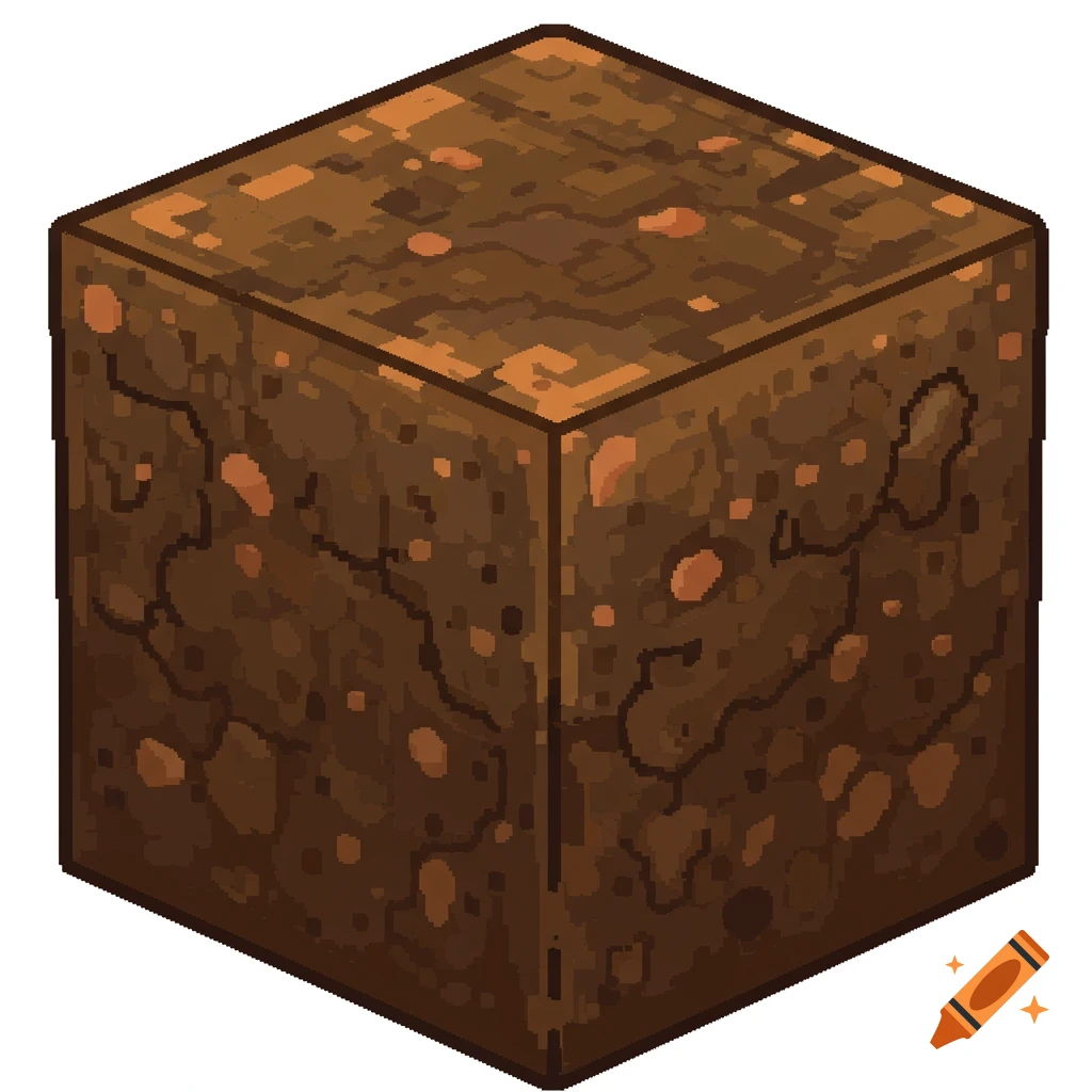 An isometric pixel art block of dirt with brown and orange textures, resembling a video game sprite.