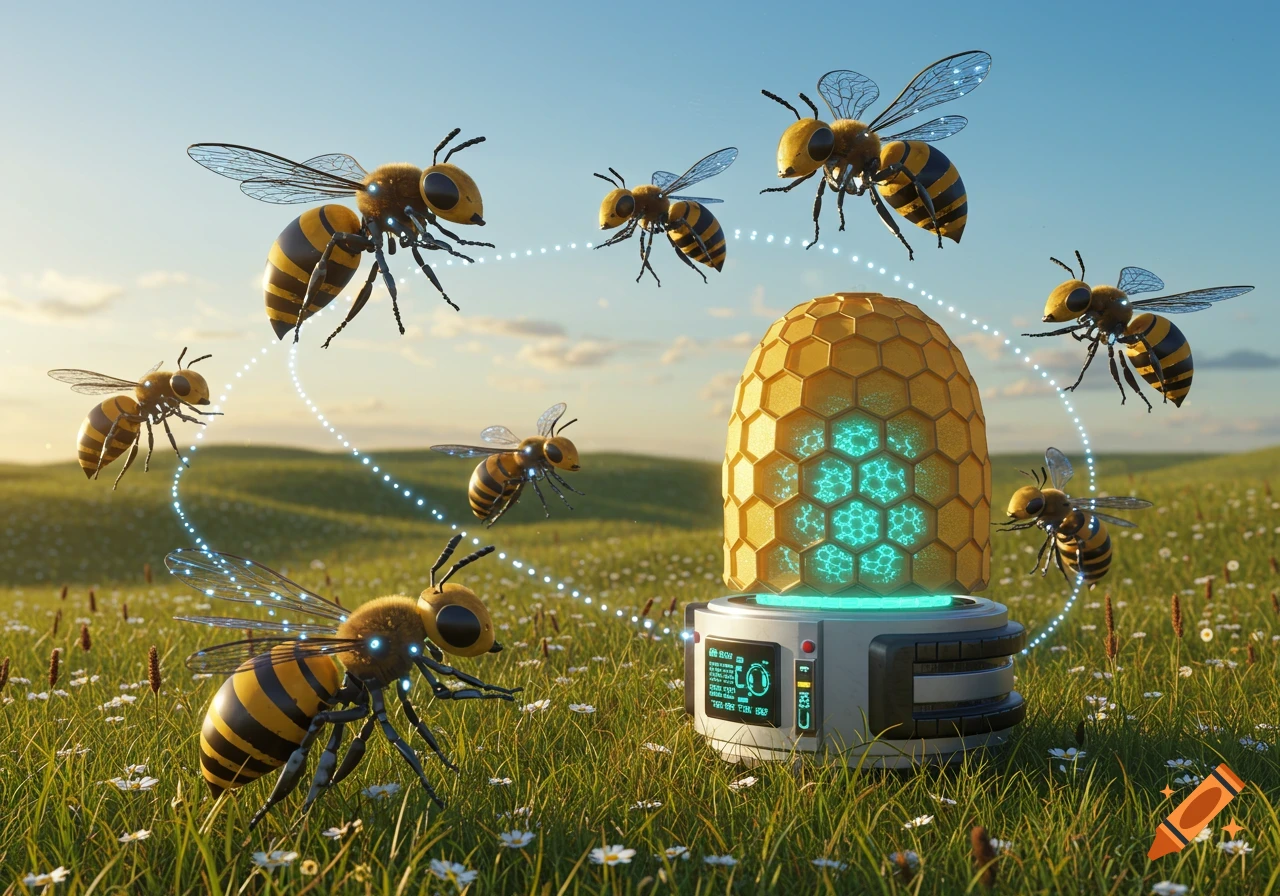 Robotic bees fly around a glowing, hexagonal hive machine in a sunny, grassy field, connected by dotted energy lines.