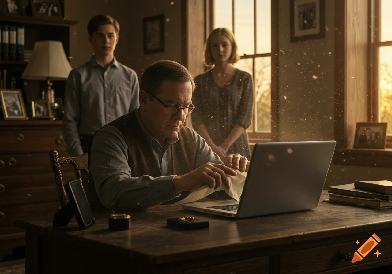 A man in glasses at a laptop, with two grown children standing behind him in a warm, sunlit room.