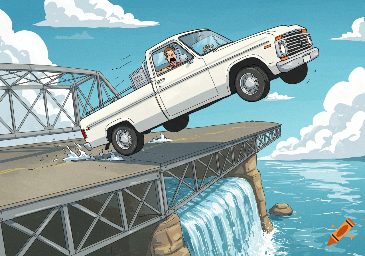 Cartoon man in a white truck screaming as he drives off a broken bridge into the water.