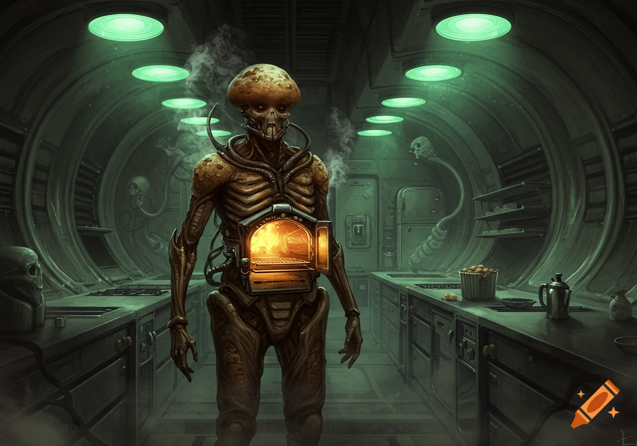 A skeletal Giger-esque alien with a glowing oven in its chest stands in a dark, industrial kitchen with green lights.