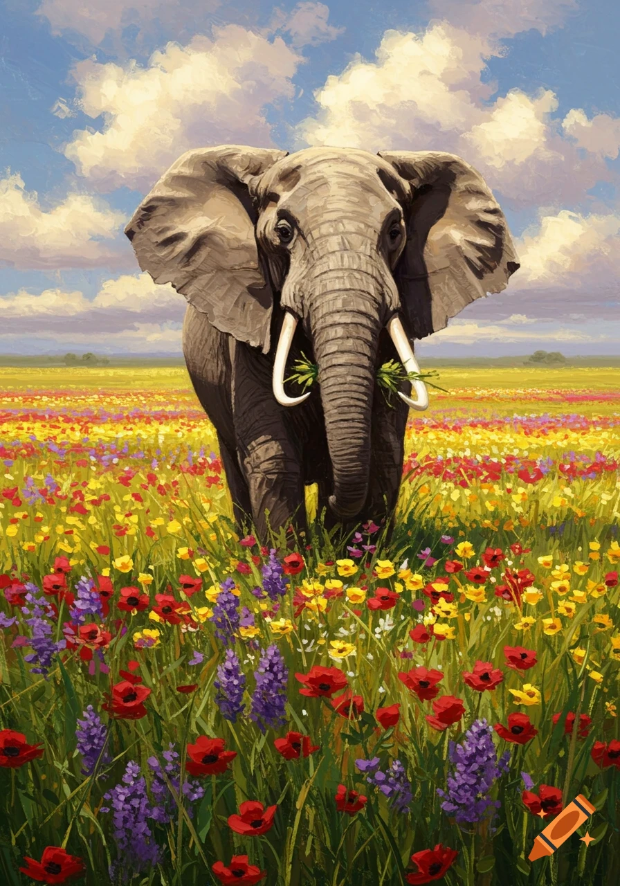 An elephant with large tusks stands in a vibrant field of red, purple, and yellow wildflowers under a blue sky, painted style.