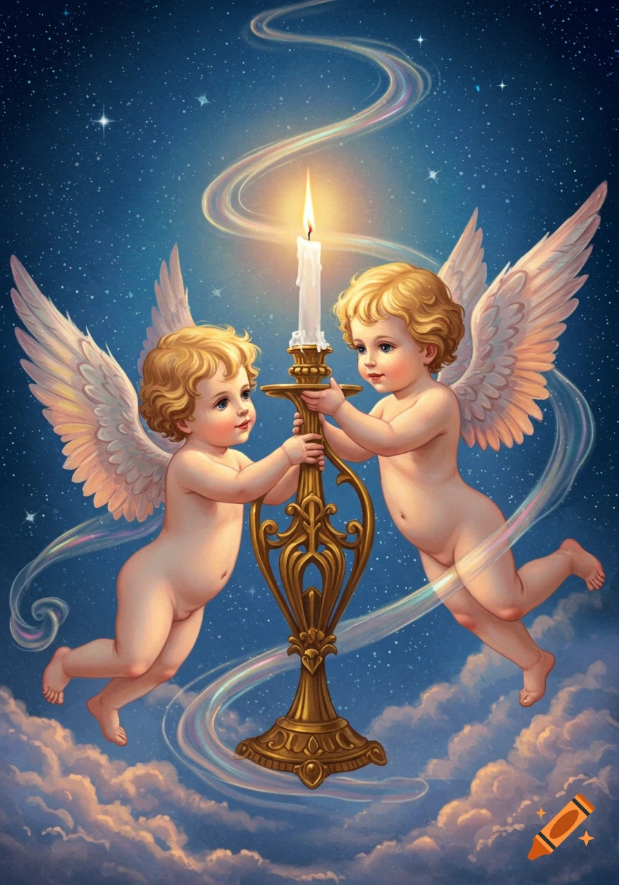 Two winged cherubs hold a lit candle, floating in a starry night sky above clouds in a classical illustration style.