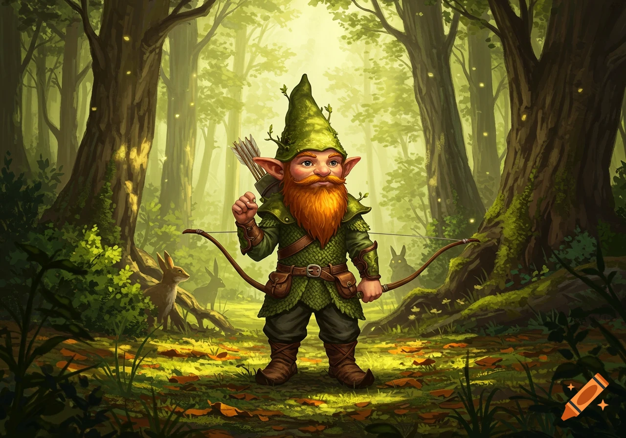 A detailed illustration of a gnome ranger with a red beard, green outfit, and bow, standing in a lush, sunlit forest.