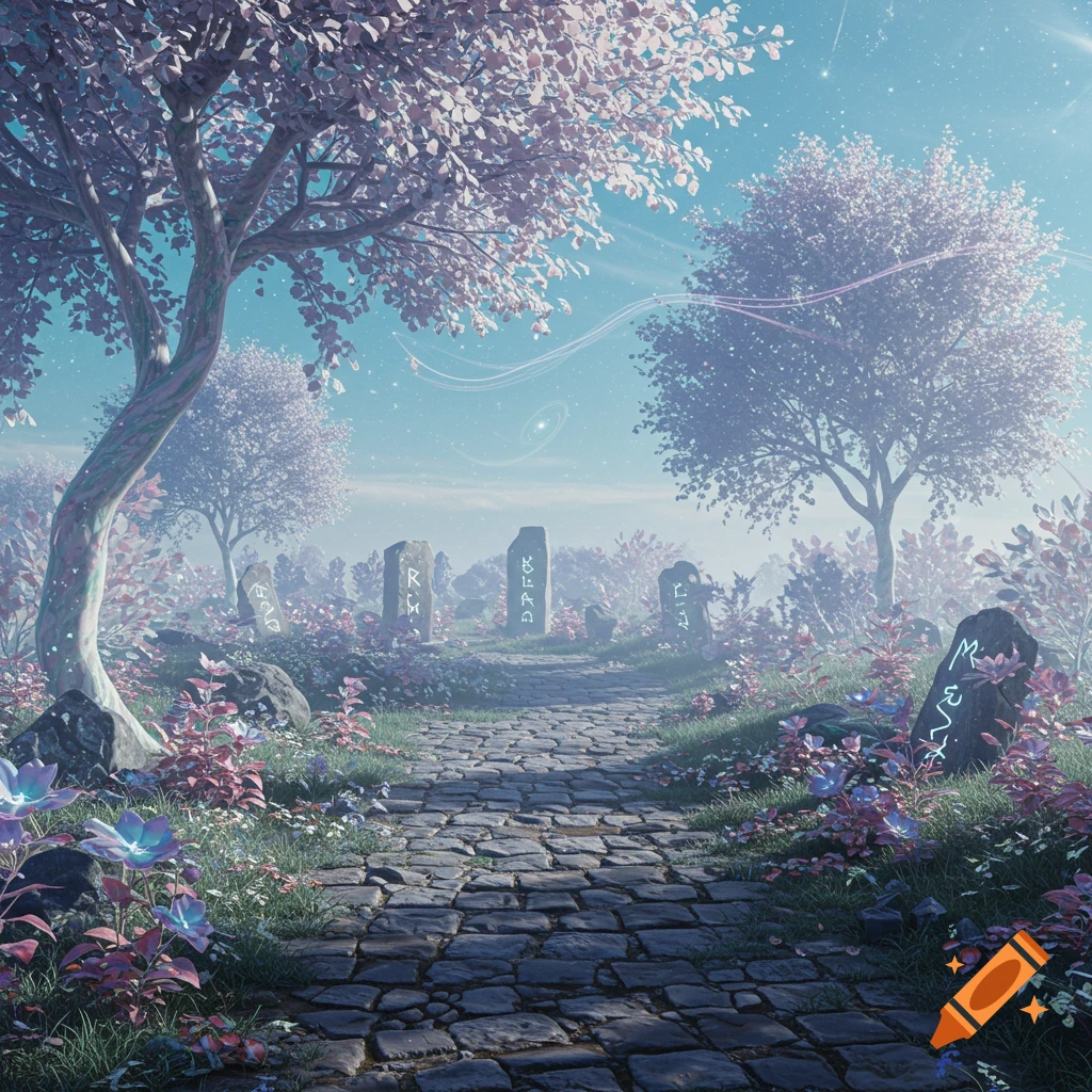 A cobblestone path winding through a mystical forest with glowing pink trees, purple flowers, and runic standing stones under a starry, light blue sky.