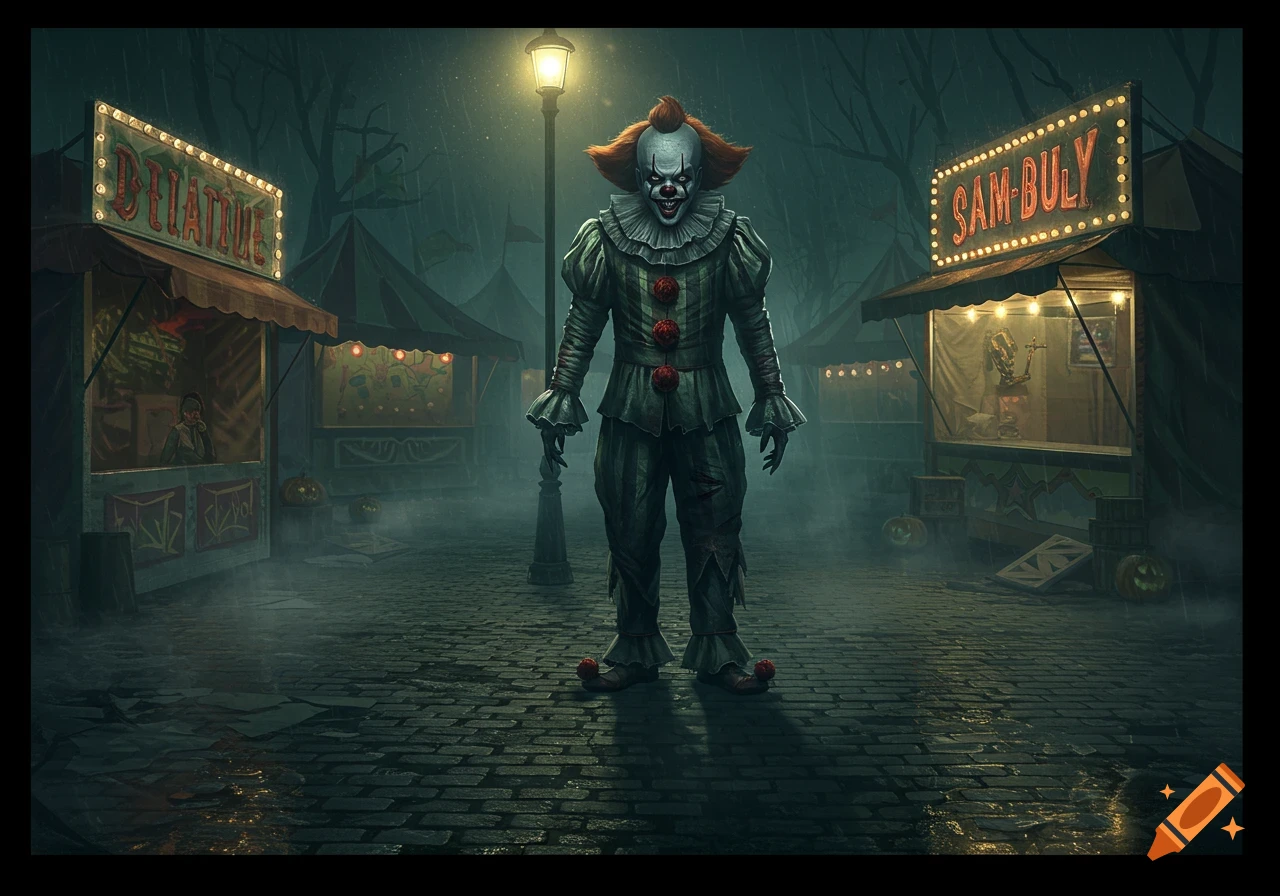 A creepy clown resembling Pennywise stands in a dark, rainy, cobblestone carnival alley between two stalls at night, lit by a single street lamp.