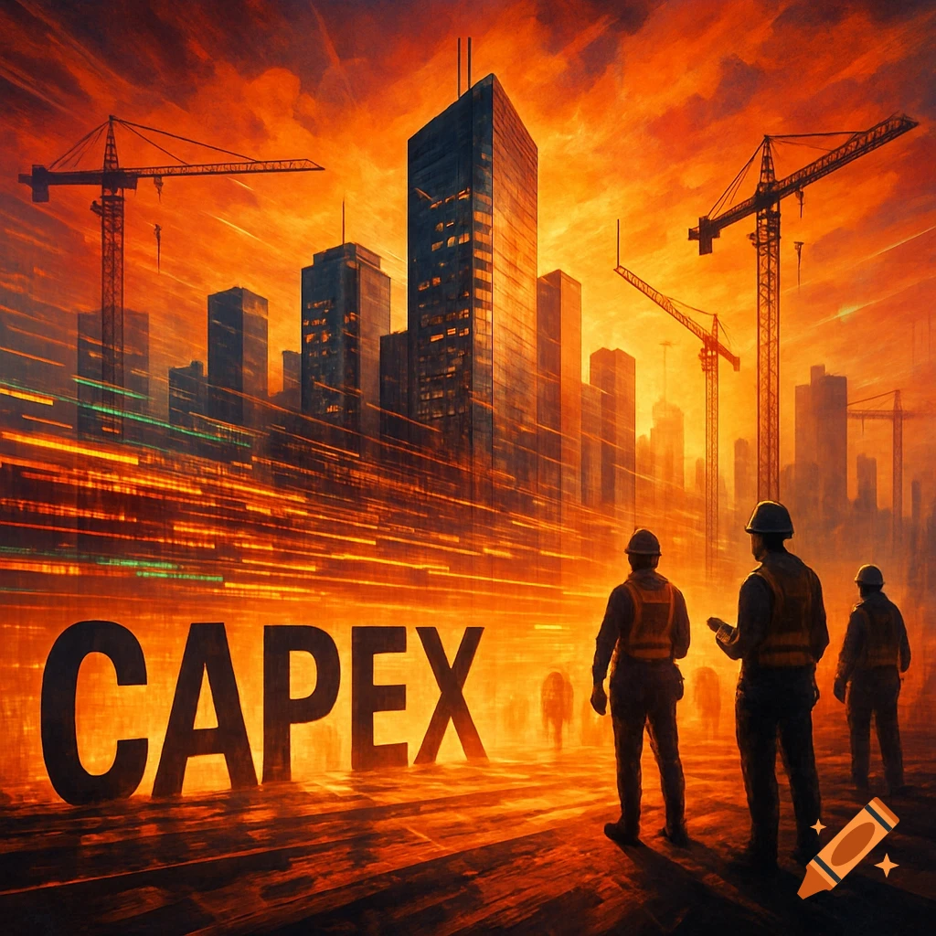 A stylized, orange-toned image of a futuristic cityscape under construction with three workers looking at the large word 'CAPEX' on the ground.